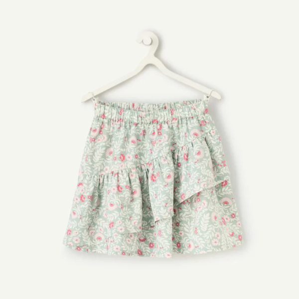 Jupe fille en coton bio vert à fronces avec imprimé fleuri