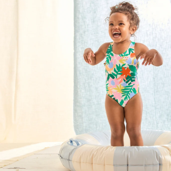 MAILLOT DE BAIN 1 PIÈCE BÉBÉ FILLE EN FIBRES RECYCLÉES IMPRIMÉ TROPICA