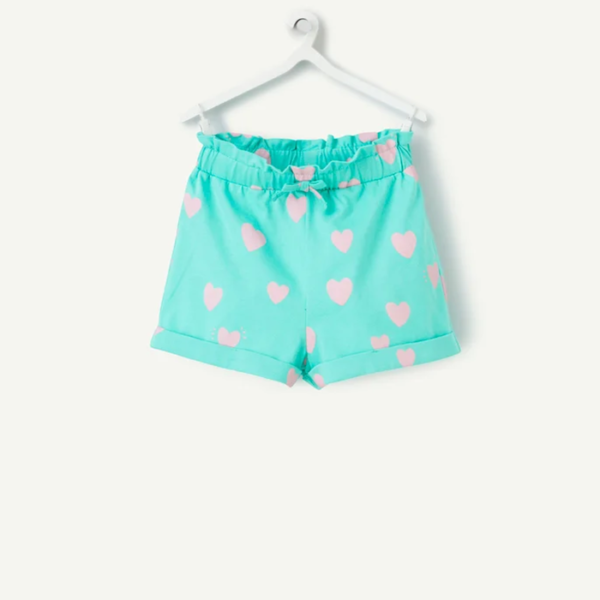 Short bébé fille en coton biologique vert et imprimé avec coeurs roses