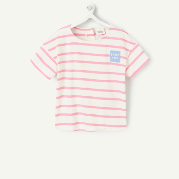T-shirt en coton bio rayé rose avec patch bleu