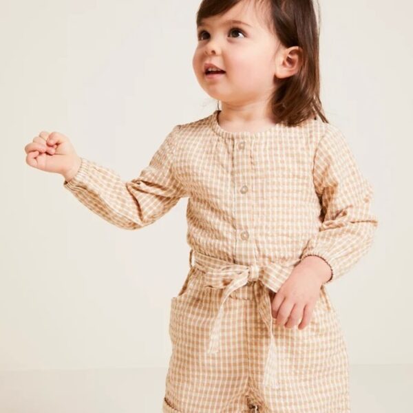 combinaison bébé fille en coton bio imprimé vichy écru et beige