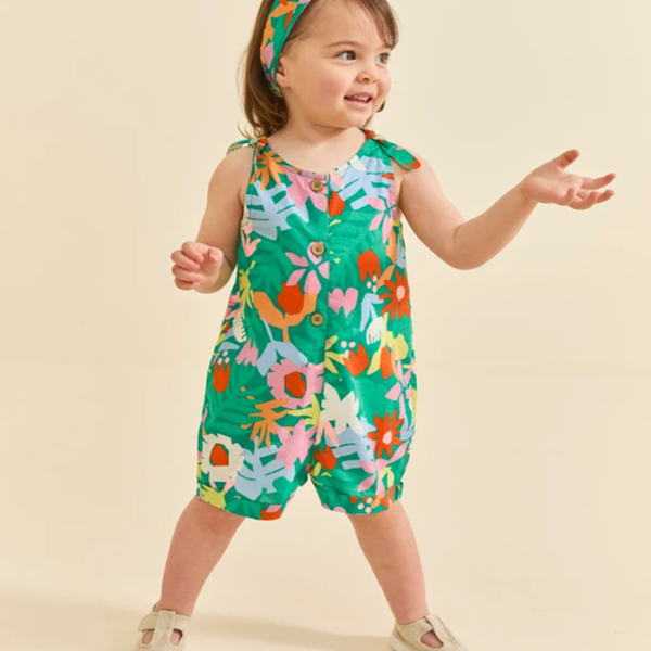 combishort avec turban bébé fille en coton bio imprimé feuillage coloré