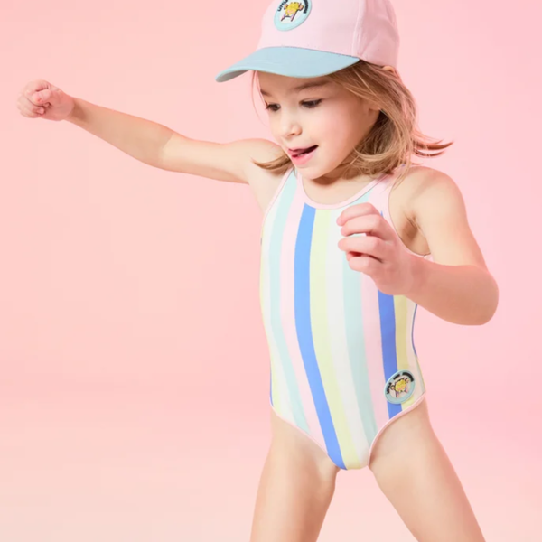 maillot de bain 1 pièce fille imprimé à rayures colorées avec patch monsieur x madame