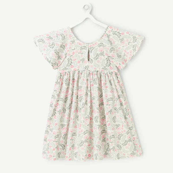 robe fille en coton bio imprimé fleuri rose et vert avec noeud