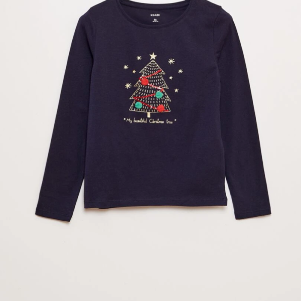 T-shirt de noël avec pompons bleu marine